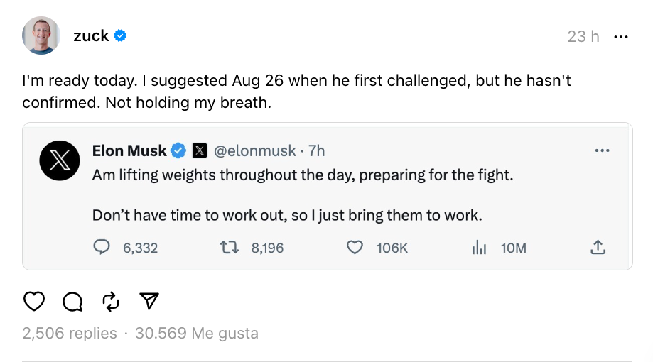 Mark Zuckerberg pone fecha a enfrentamiento, Elon Musk anuncia transmisión en vivo en la red social X 